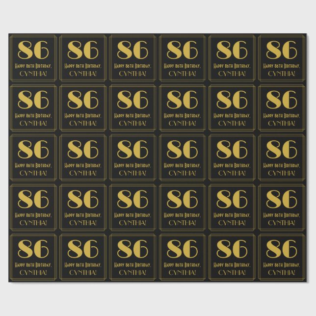 86th Birthday ~ Art Deco Inspired Look "86", Name Wrapping Paper (Flat)