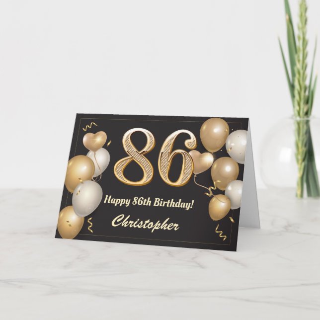 86th Birthday Black and Gold Balloons Birthday Card (Front)