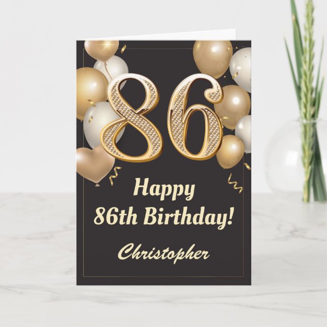 86th Birthday Black and Gold Balloons Confetti Card (Front)