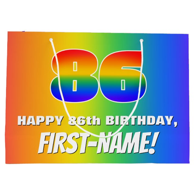 86th Birthday: Colourful, Fun Rainbow Pattern # 86 Large Gift Bag (Back)