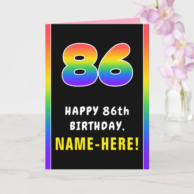 86th Birthday: Colourful Rainbow # 86, Custom Name Card (Orchid)