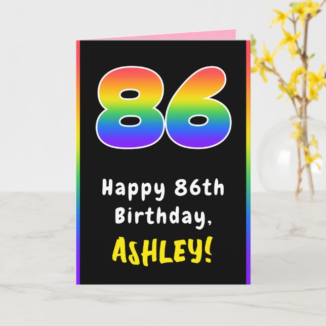 86th Birthday: Colourful Rainbow # 86, Custom Name Card (Yellow Flower)