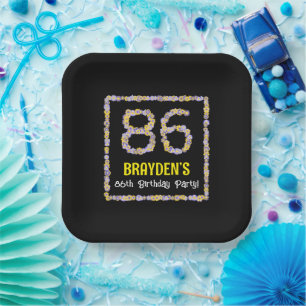 86th Birthday: Floral Flowers Number, Custom Name Paper Plate