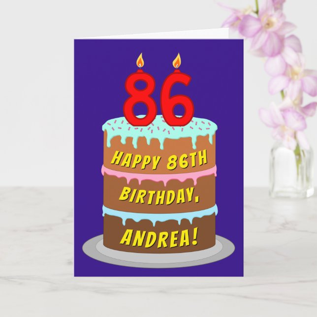 86th Birthday: Fun Cake and Candles + Custom Name Card (Orchid)