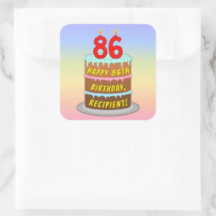 86th Birthday: Fun Cake and Candles + Custom Name Square Sticker