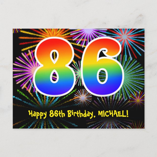 86th Birthday – Fun Fireworks Pattern + Rainbow 86 Postcard (Front)