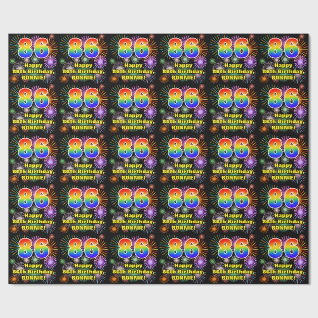 86th Birthday: Fun Fireworks, Rainbow Look # “86” Wrapping Paper (Flat)