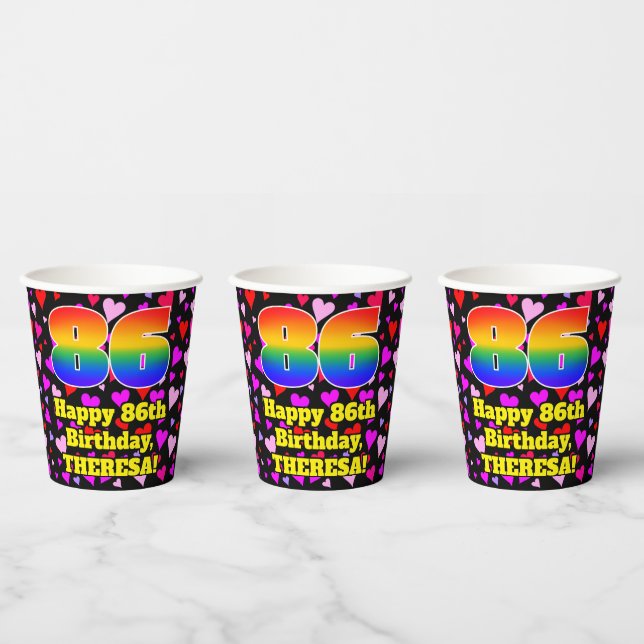 86th Birthday: Loving Hearts Pattern, Rainbow 86 Paper Cups (Multi)