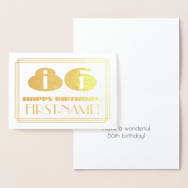 86th Birthday; Name + Art Deco Inspired Look "86" Foil Card (Display)