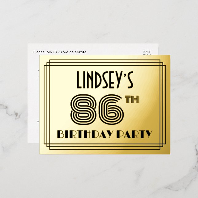 86th Birthday Party ~ Art Deco Style “86” + Name Foil Invitation Postcard (Front/Back)