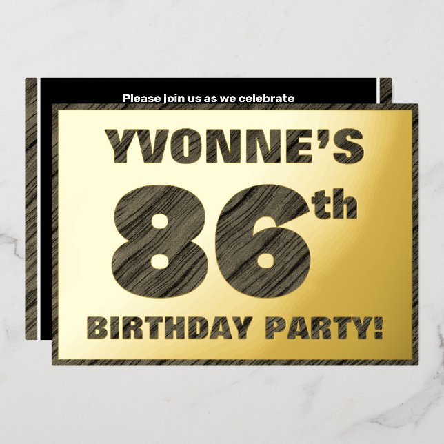 86th Birthday Party — Bold, Faux Wood Grain Text (Front/Back)