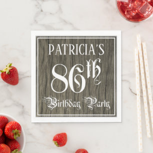 86th Birthday Party — Fancy Script, Faux Wood Look Napkin