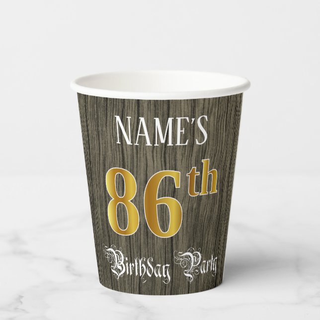 86th Birthday Party — Faux Gold & Faux Wood Looks Paper Cups (Back)