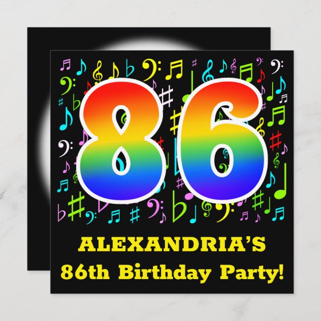 86th Birthday Party: Fun Music Symbols, Rainbow 86 Invitation (Front/Back)