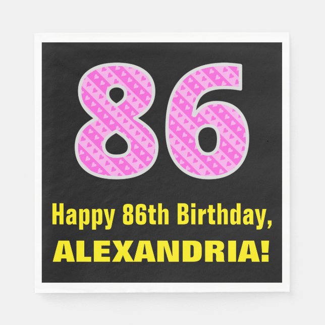 86th Birthday: Pink Stripes and Hearts "86" + Name Napkin (Front)