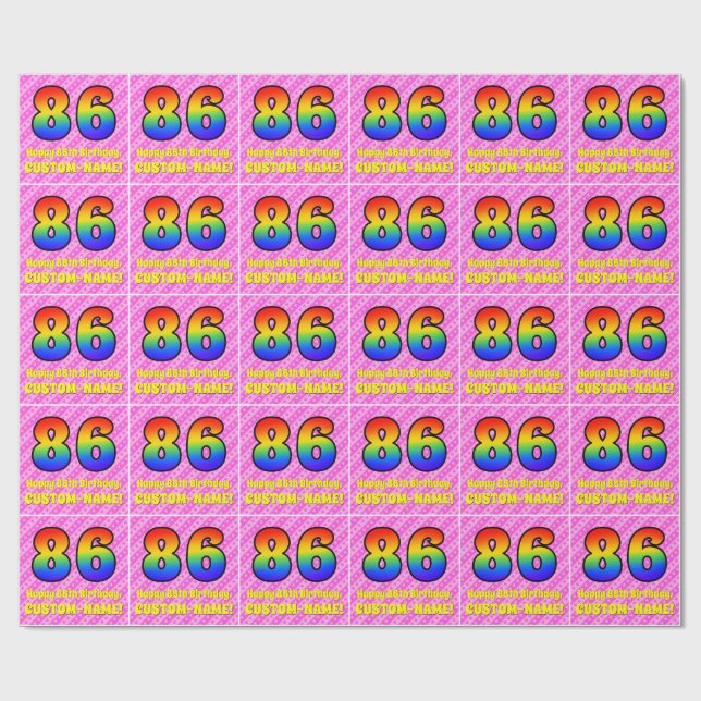 86th Birthday: Pink Stripes & Hearts, Rainbow # 86 Wrapping Paper (Flat)