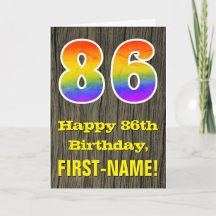 86th Birthday: Rustic Faux Wood Look, Rainbow "86" Card