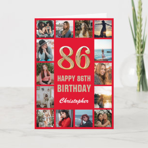 86th Happy Birthday Red and Gold Photo Collage Card