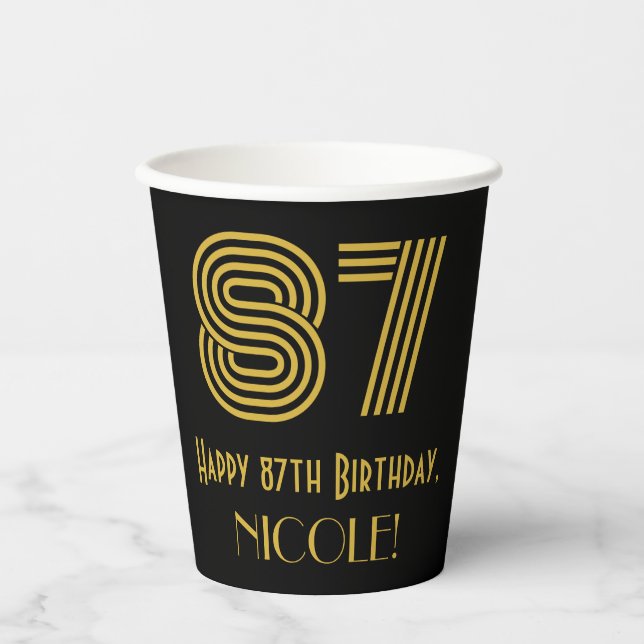 87th Birthday: Art Deco Inspired Look “87” & Name Paper Cups (Front)