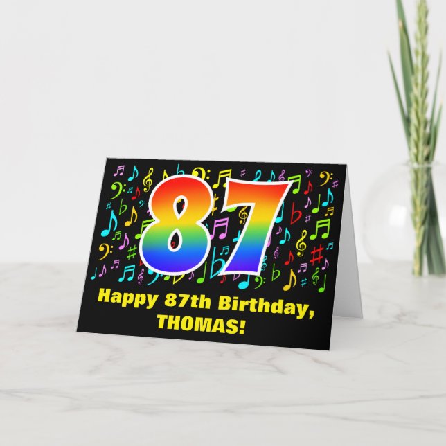 87th Birthday: Colorful Music Symbols & Rainbow 87 Card (Front)
