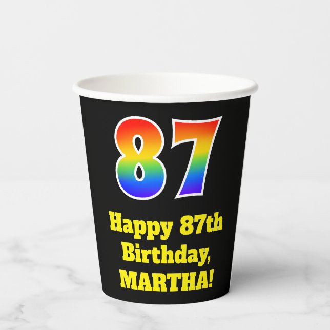 87th Birthday: Colourful, Fun, Exciting, Rainbow 8 Paper Cups (Back)