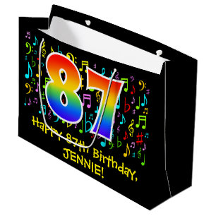 87th Birthday - Colourful Music Symbols, Rainbow 8 Large Gift Bag