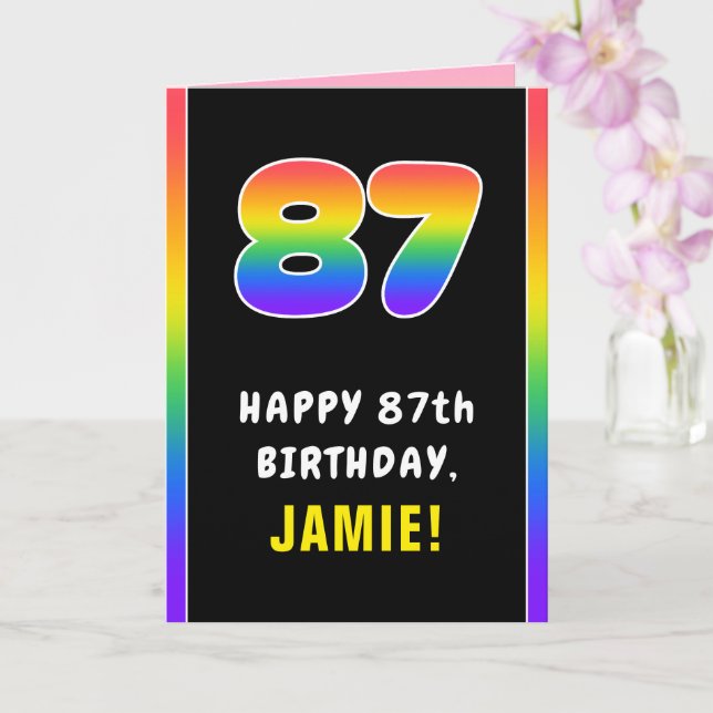 87th Birthday: Colourful Rainbow # 87, Custom Name Card (Orchid)