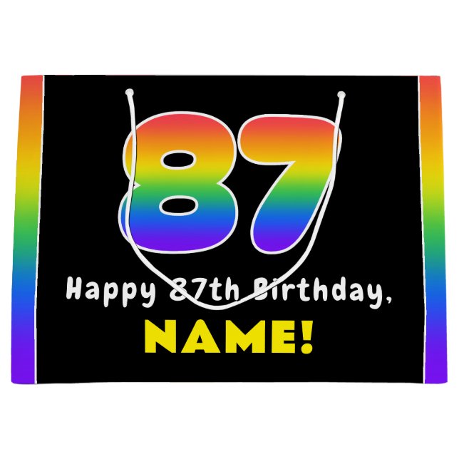 87th Birthday: Colourful Rainbow # 87, Custom Name Large Gift Bag (Front)