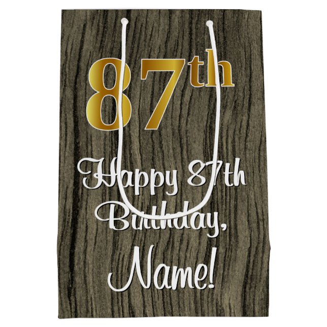87th Birthday: Elegant Faux Gold Look #, Faux Wood Medium Gift Bag (Back)