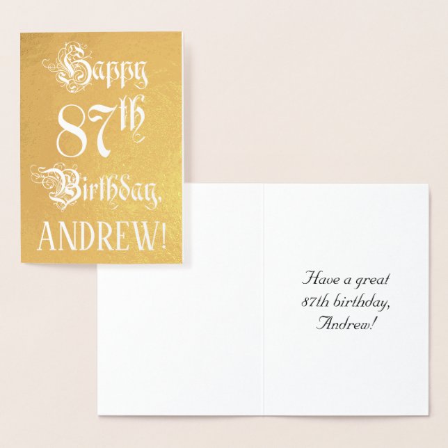 87th Birthday: Elegant, Ornate Script; Custom Name Foil Card (Display)