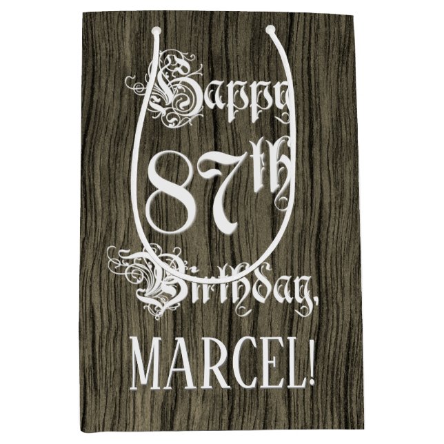 87th Birthday: Fancy, Faux Wood Look + Custom Name Medium Gift Bag (Front)