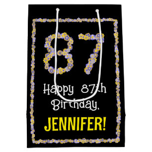 87th Birthday: Floral Flowers Number, Custom Name Medium Gift Bag