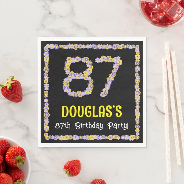 87th Birthday: Floral Flowers Number, Custom Name Napkin (Insitu)