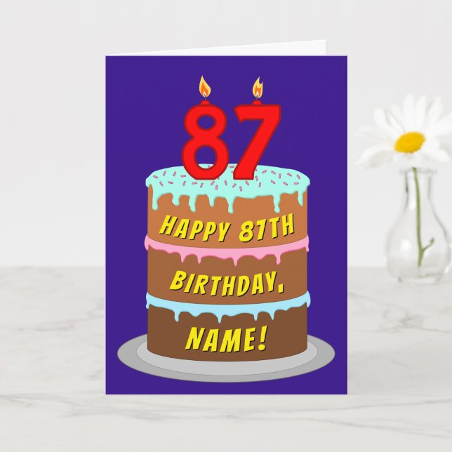 87th Birthday: Fun Cake and Candles + Custom Name Card (Small Plant)
