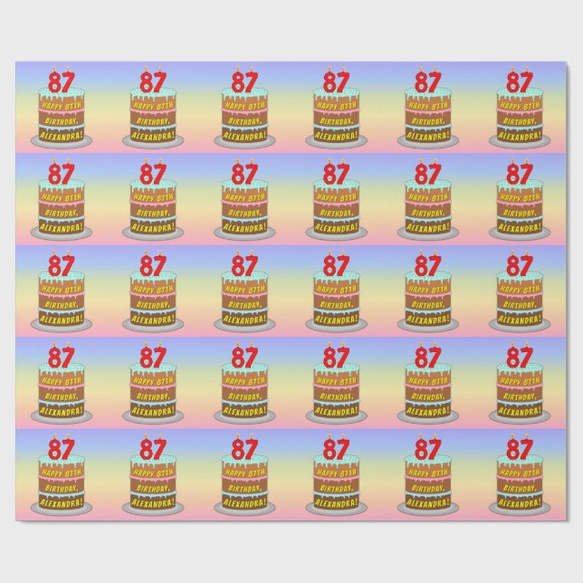 87th Birthday: Fun Cake and Candles + Custom Name Wrapping Paper (Flat)