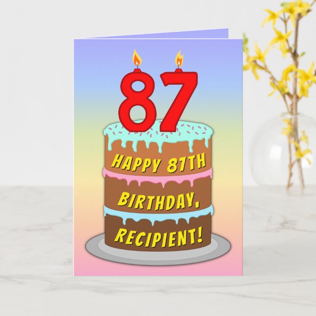 87th Birthday — Fun Cake & Candles, w/ Custom Name Card (Yellow Flower)