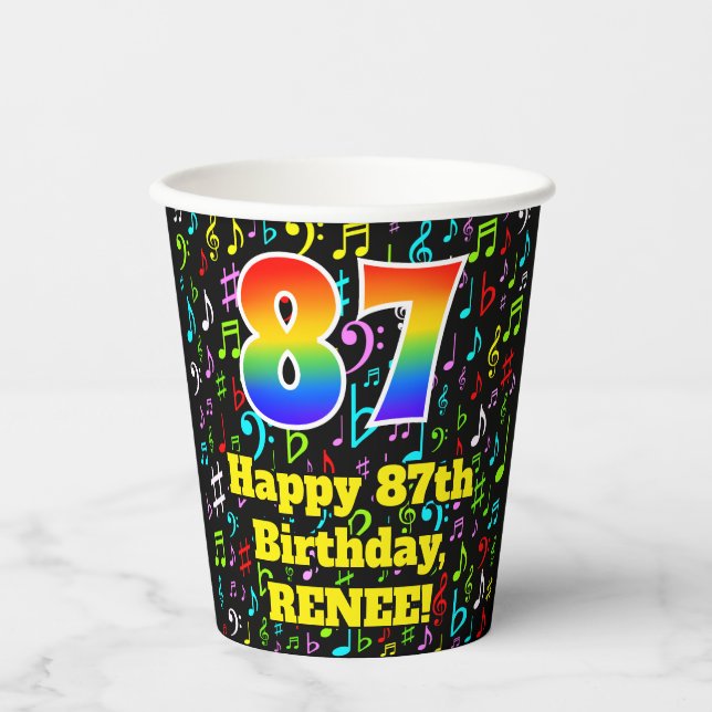 87th Birthday: Fun Music Notes Pattern, Rainbow 87 Paper Cups (Front)