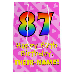 87th Birthday: Fun Pink Hearts Stripes; Rainbow 87 Medium Gift Bag