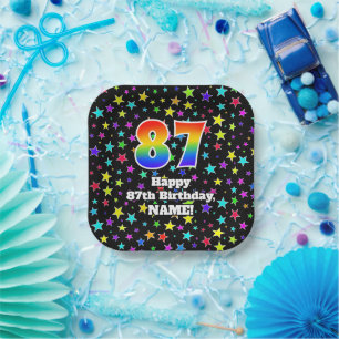 87th Birthday: Fun Stars Pattern and Rainbow “87” Paper Plate
