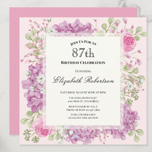 87th Birthday Invitation Elegant Pink Flowers