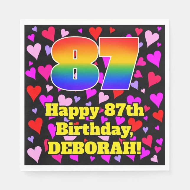 87th Birthday: Loving Hearts Pattern, Rainbow # 87 Napkin (Front)