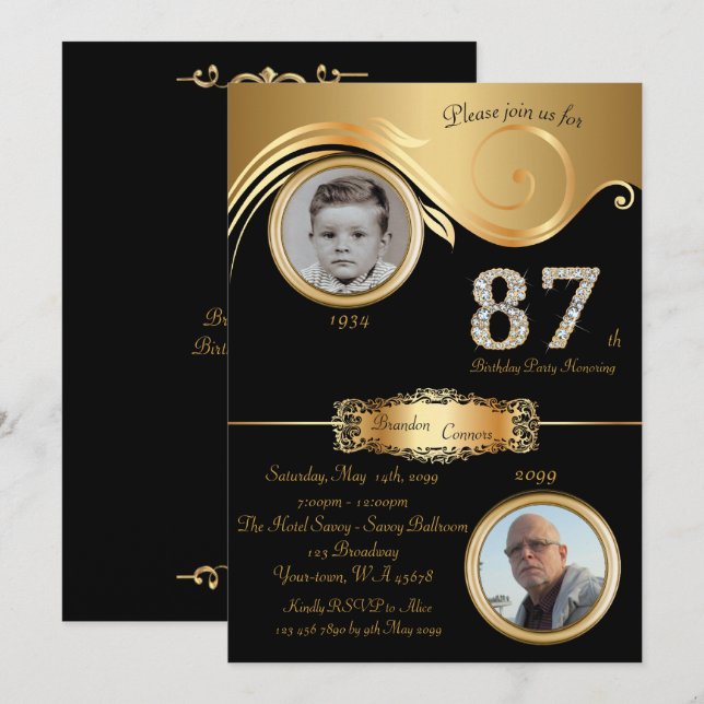 87th,Birthday Man 87th,elegant art deco,black gold Invitation (Front/Back)