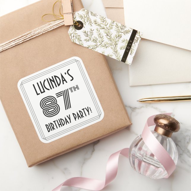 87th Birthday Party: Art Deco Style + Custom Name Square Sticker (Gifting)