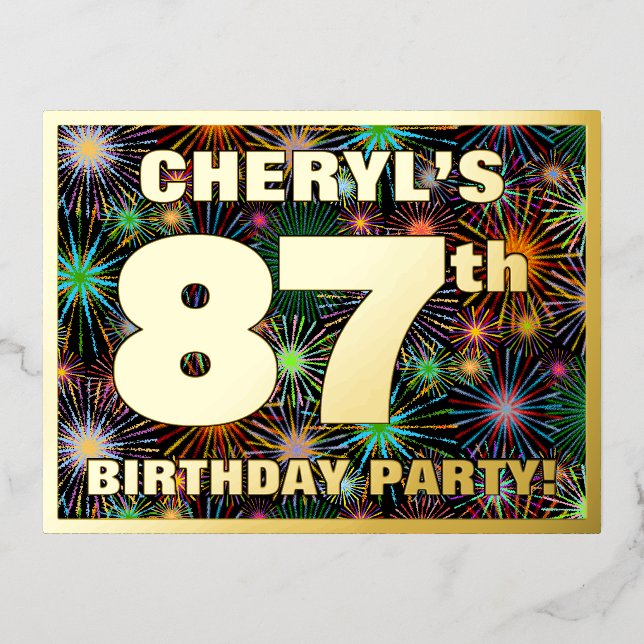 87th Birthday Party: Bold, Colourful Fireworks Loo Foil Invitation Postcard (Front)