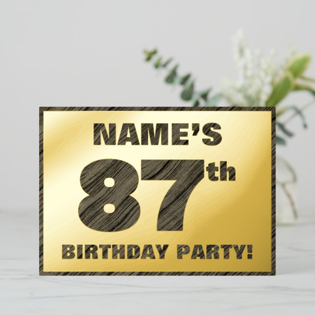 87th Birthday Party — Bold, Faux Wood Grain Text (Standing Front)