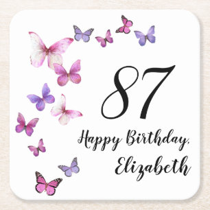 87th Birthday Pink Purple Butterflies  Square Paper Coaster
