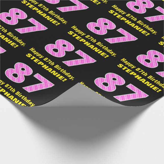 87th Birthday: Pink Stripes and Hearts "87" + Name Wrapping Paper (Corner)