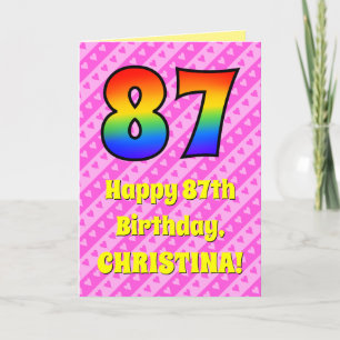 87th Birthday: Pink Stripes & Hearts, Rainbow # 87 Card
