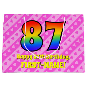 87th Birthday: Pink Stripes & Hearts, Rainbow # 87 Large Gift Bag