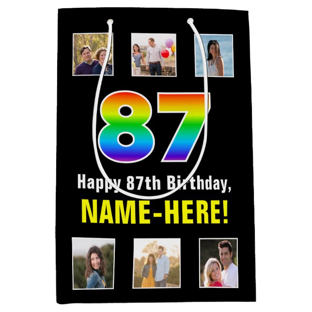 87th Birthday: Rainbow “87“, Custom Photos & Name Medium Gift Bag (Front)